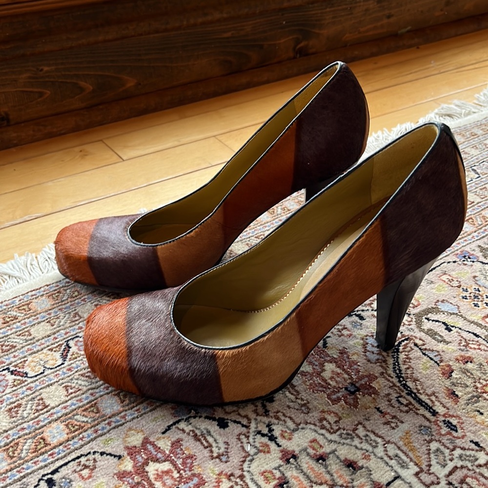 Vintage Paolo Corelli Italy Leather Pony Hair Pumps wooden heel 8 8.5